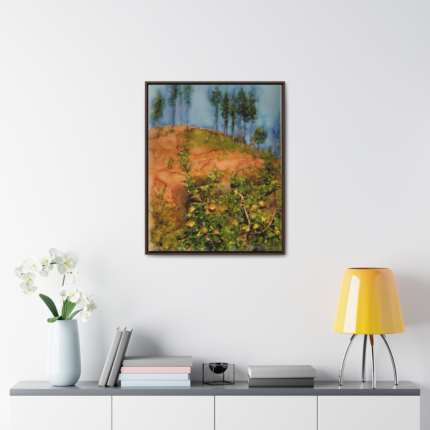 "Golden Delicious Apple Tree & Pines" Canvas Wrap, Vertical Wood Frame