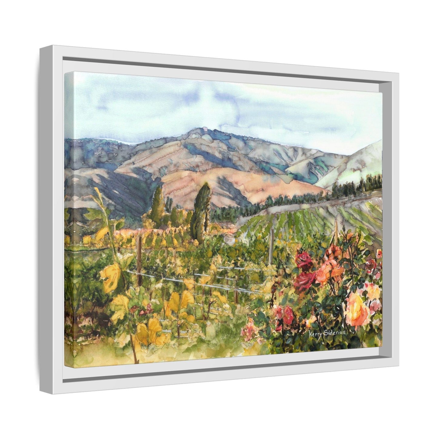 "Wenatchee Vineyard with Roses" Framed Matte Canvas Art Print - Vibrant Winery Landscape
