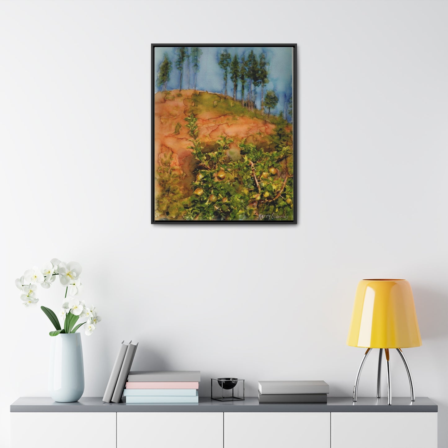 "Golden Delicious Apple Tree & Pines" Canvas Wrap, Vertical Wood Frame