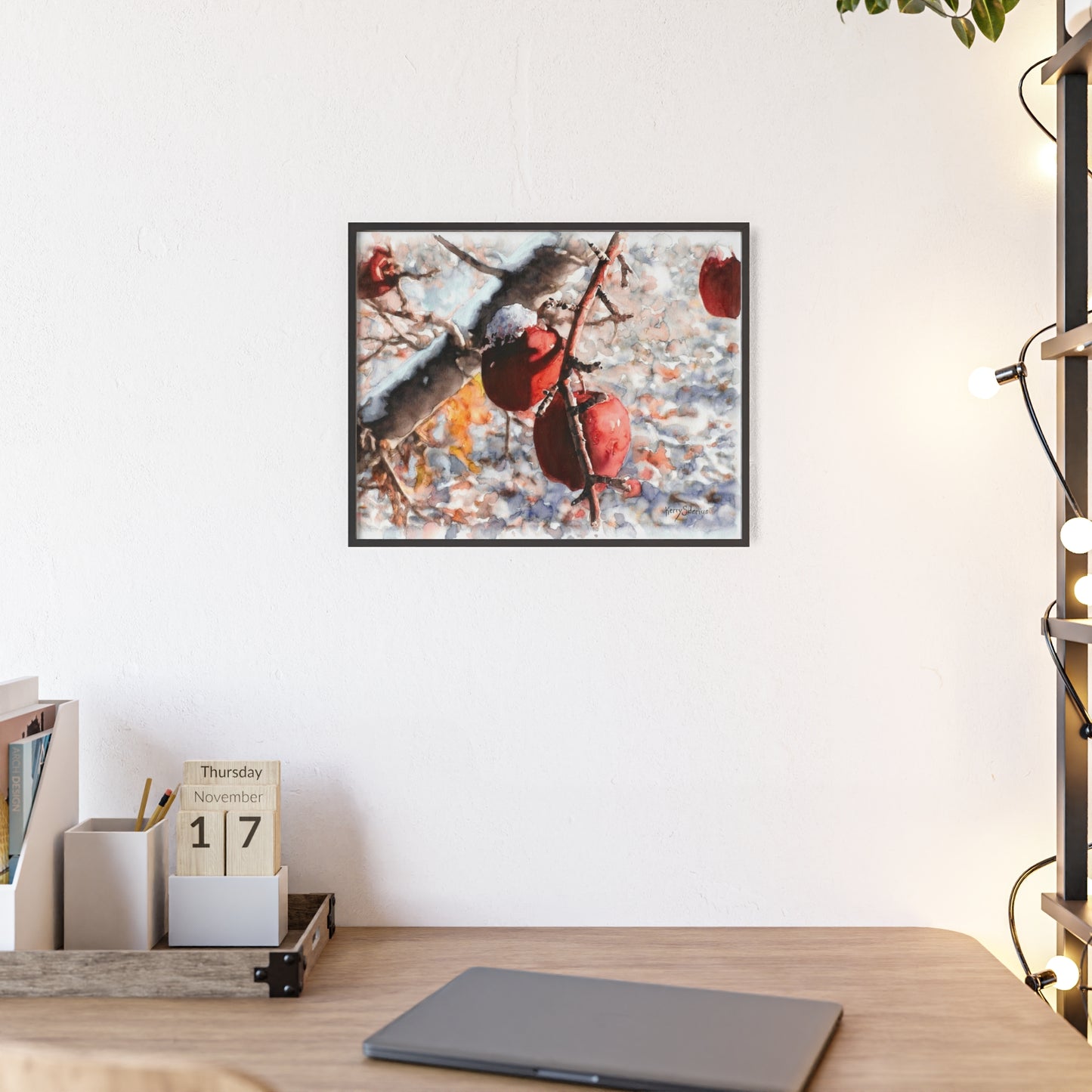 "Snowy Apples" Framed Art Print, Cozy Home Decor, Seasonal Wall Art, Gift for Nature Lovers, Holiday Decoration, Aesthetic Artwork