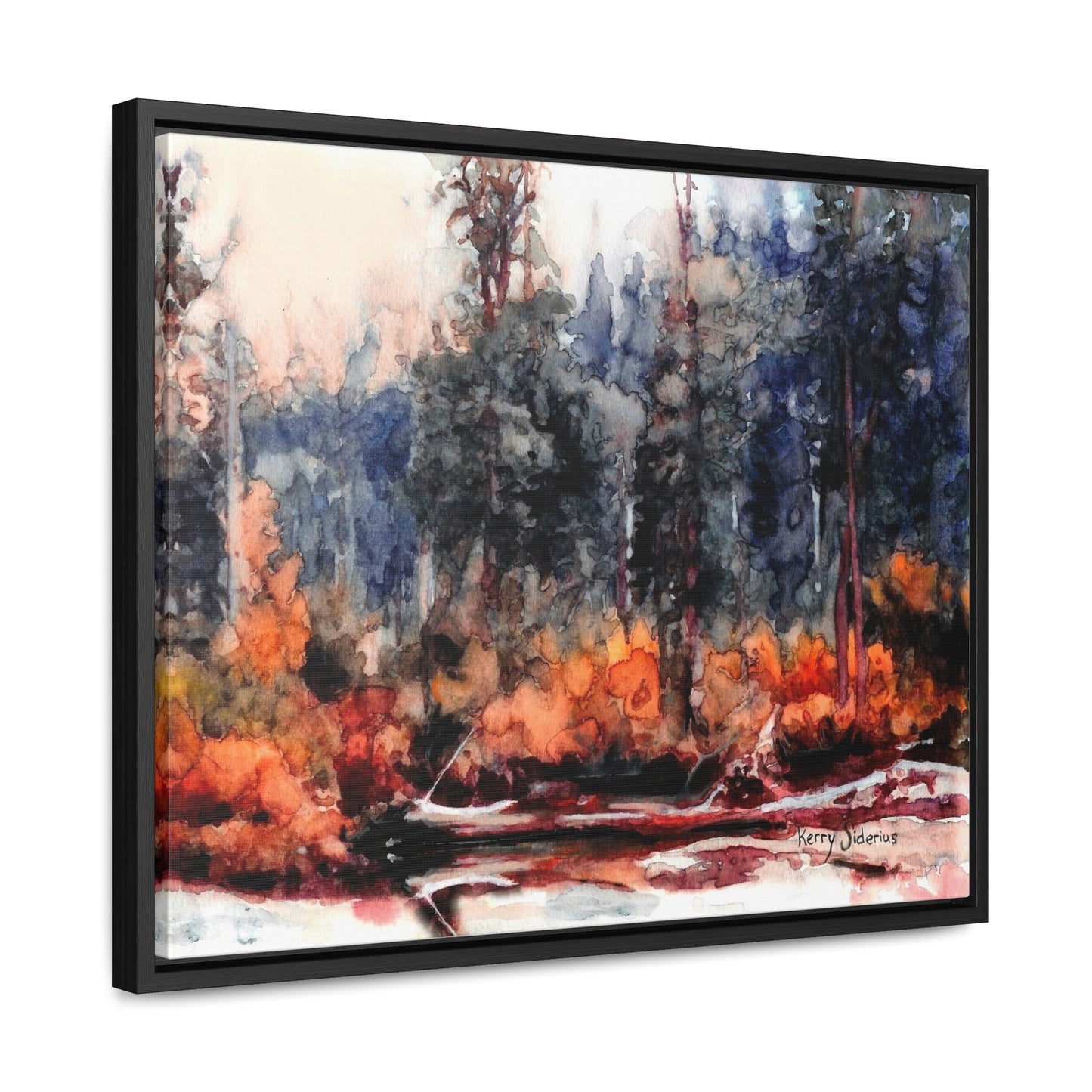 "Log Reflection Up The Icicle" Black Poplar Wood Framed Gallery Wrapped Canvas