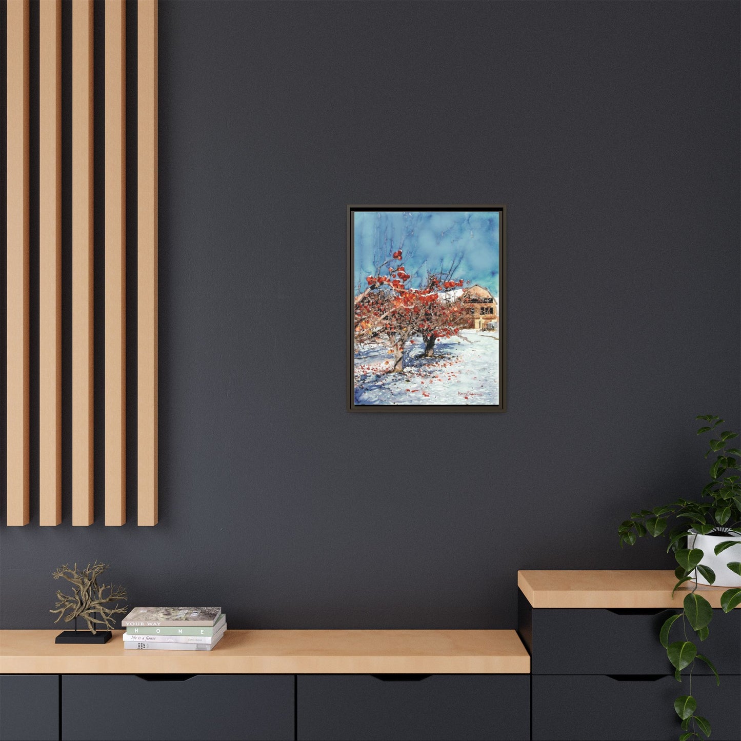 "Bright Red Snow Covered Apples and Barn" Gallery Wrapped Pinewood Canvas.