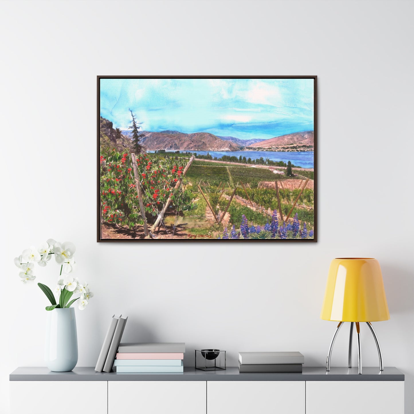 "Orondo Rubies with Entiat Bridge in Background" Poplar Wood Framed Gallery Wrapped Canvas