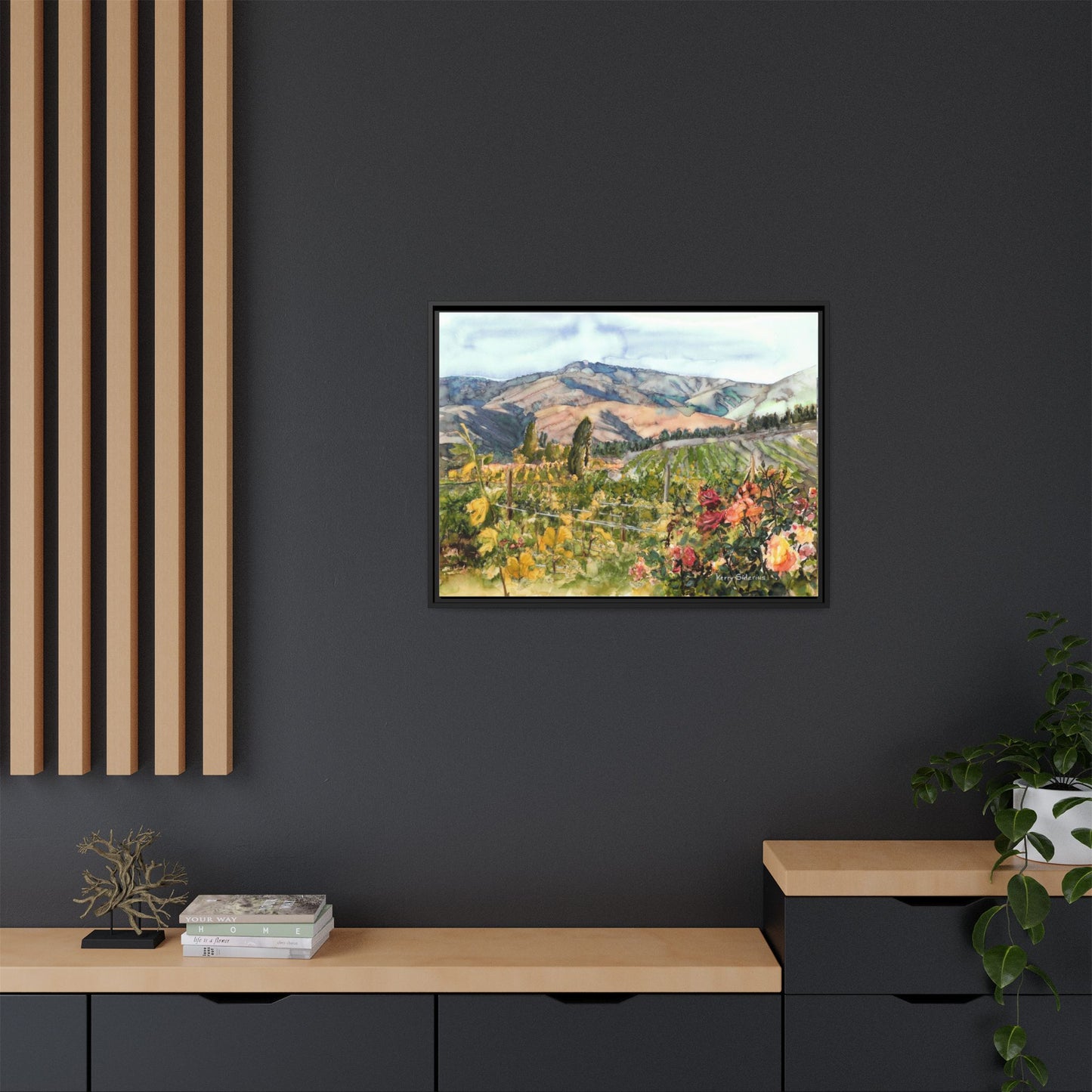 "Wenatchee Vineyard with Roses" Framed Matte Canvas Art Print - Vibrant Winery Landscape