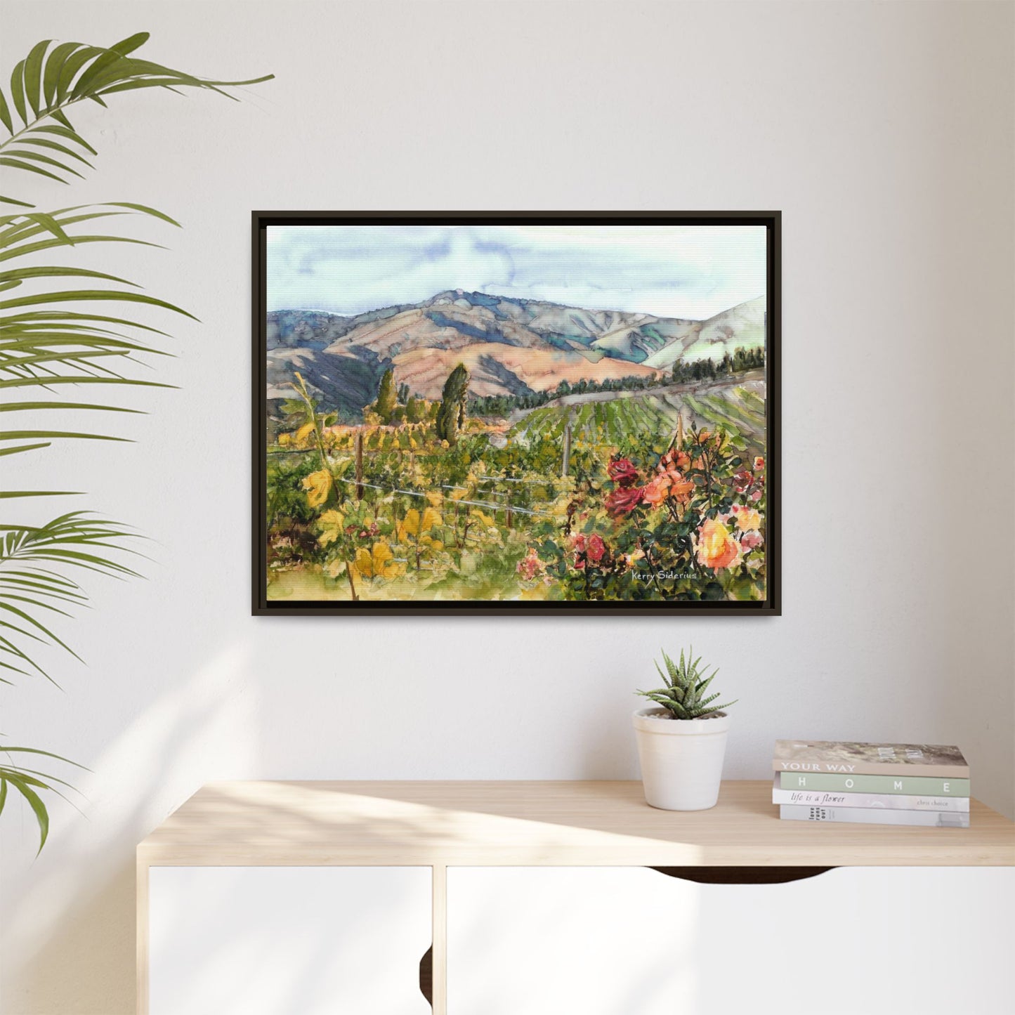 "Wenatchee Vineyard with Roses" Framed Matte Canvas Art Print - Vibrant Winery Landscape