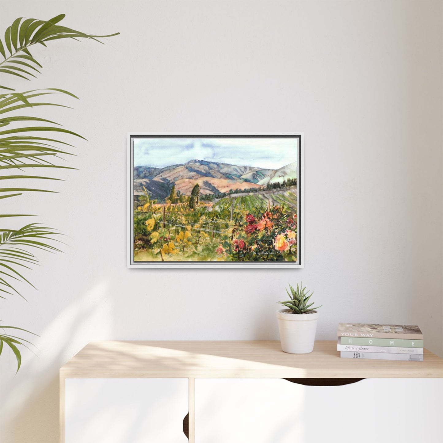 "Wenatchee Vineyard with Roses" Framed Matte Canvas Art Print - Vibrant Winery Landscape