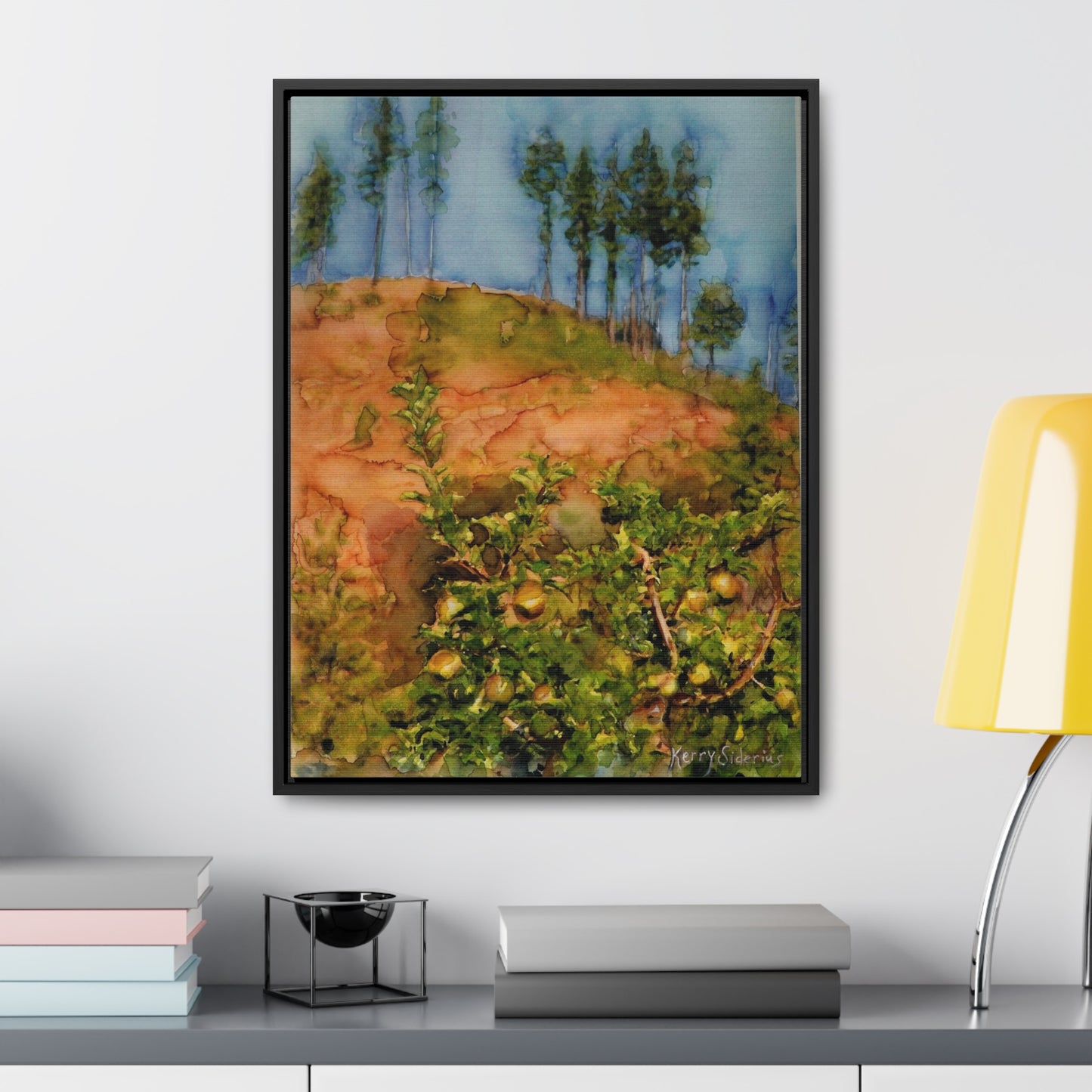 "Golden Delicious Apple Tree & Pines" Canvas Wrap, Vertical Wood Frame