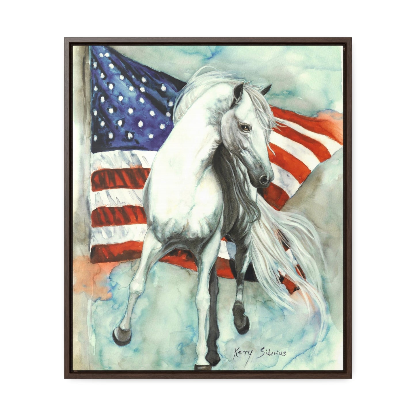 "White Horse with American Flag" Gallery Wrapped Wood Framed Canvas - Kerry Siderius Art