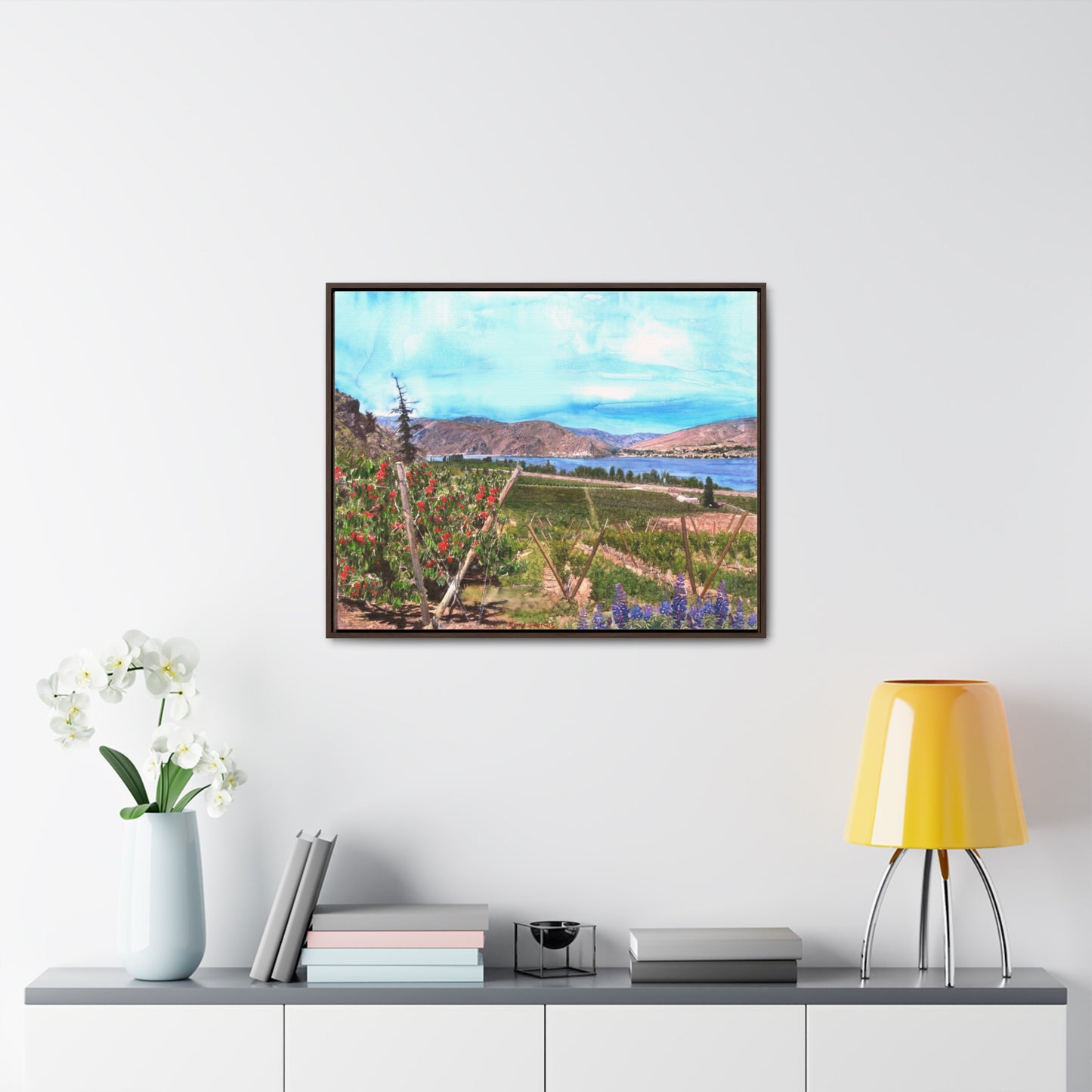 "Orondo Rubies with Entiat Bridge in Background" Poplar Wood Framed Gallery Wrapped Canvas