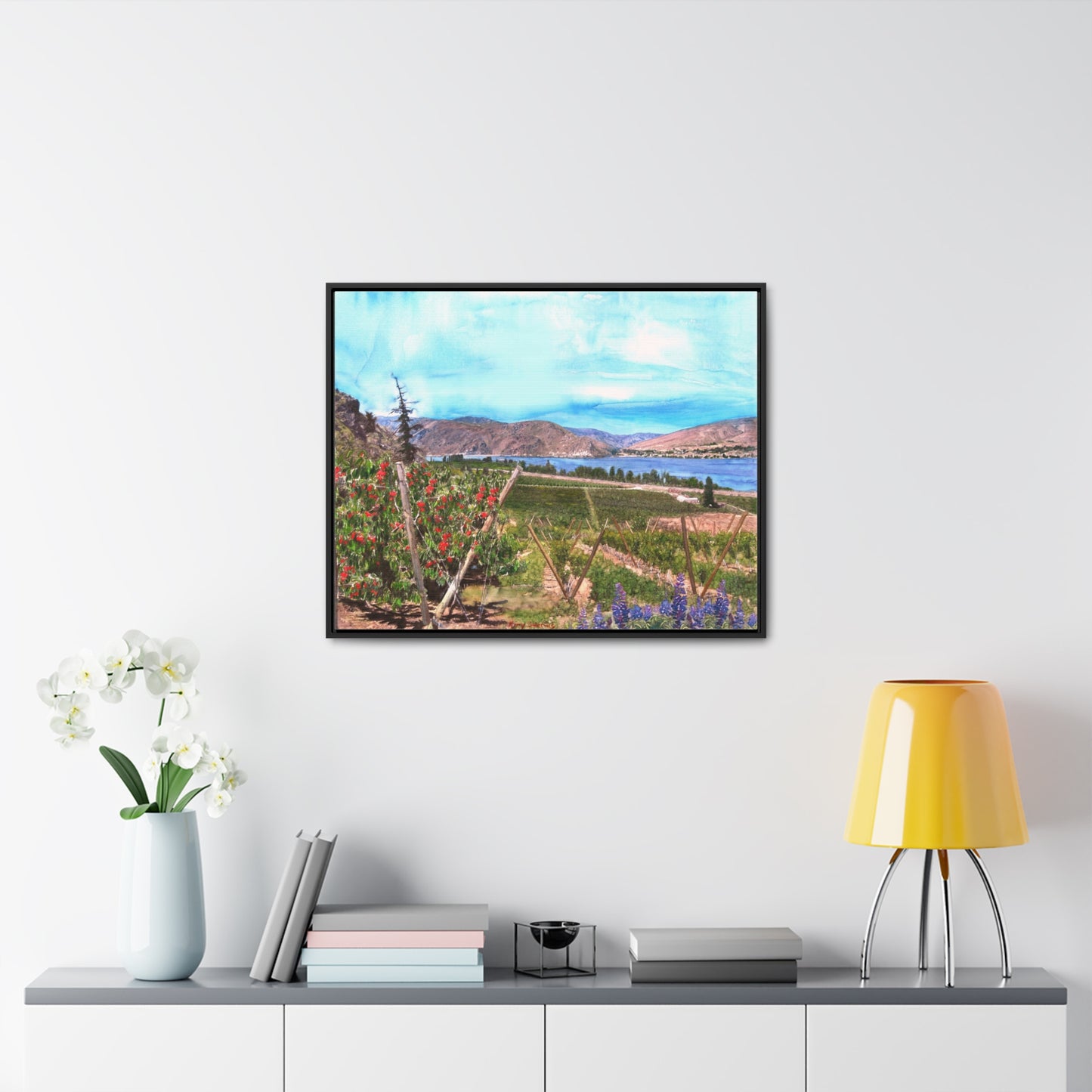 "Orondo Rubies with Entiat Bridge in Background" Poplar Wood Framed Gallery Wrapped Canvas