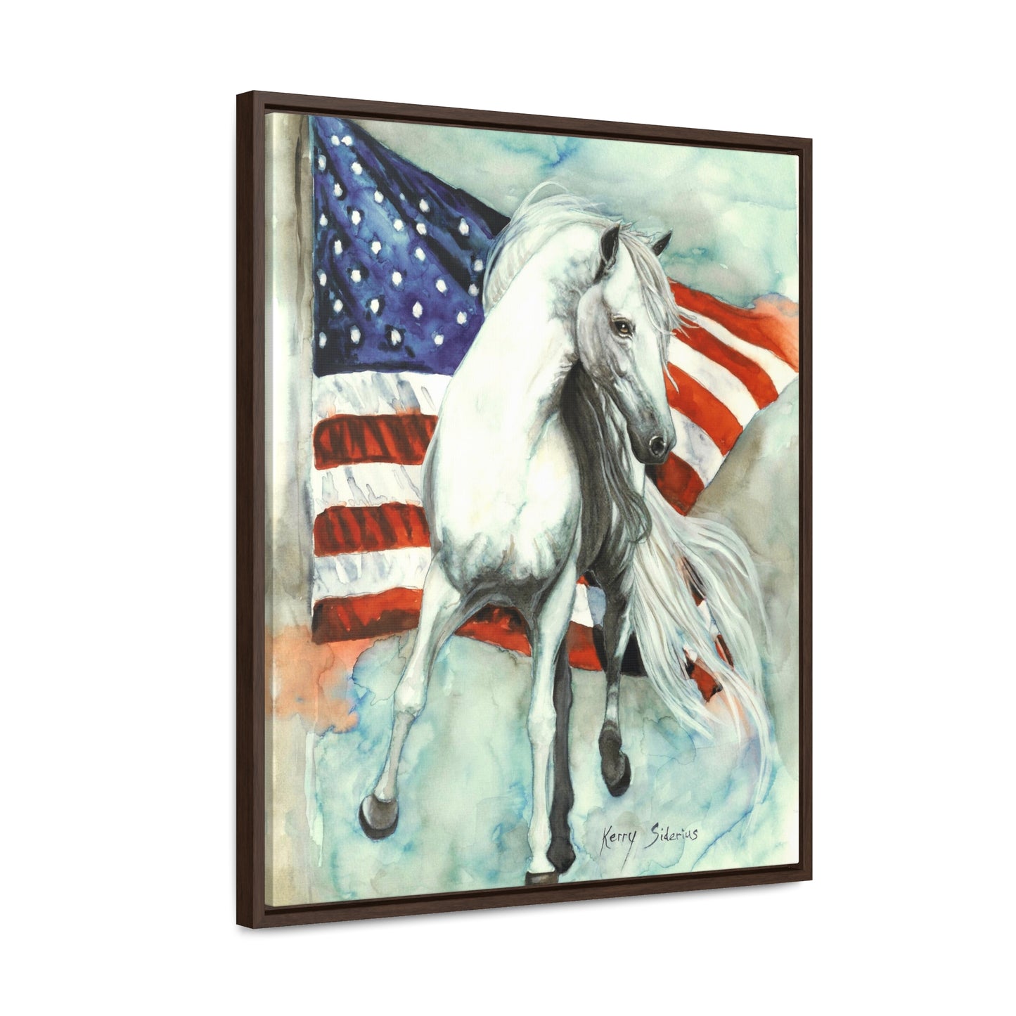 "White Horse with American Flag" Gallery Wrapped Wood Framed Canvas - Kerry Siderius Art
