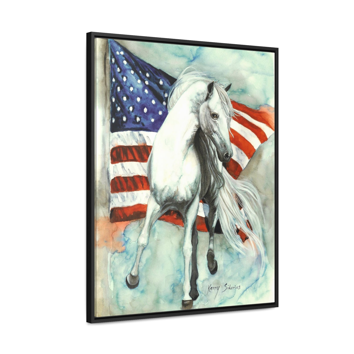 "White Horse with American Flag" Gallery Wrapped Wood Framed Canvas - Kerry Siderius Art