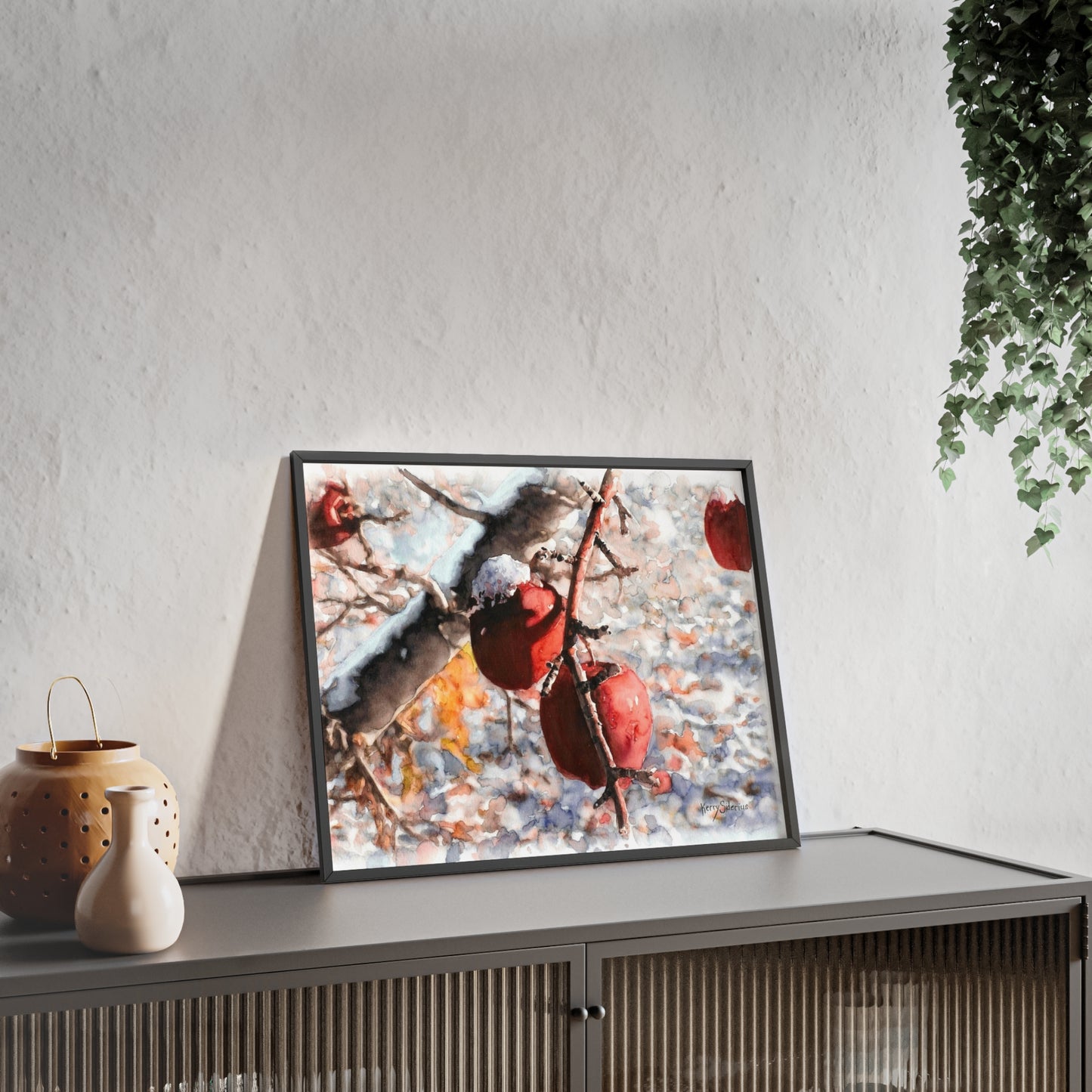 "Snowy Apples" Framed Art Print, Cozy Home Decor, Seasonal Wall Art, Gift for Nature Lovers, Holiday Decoration, Aesthetic Artwork