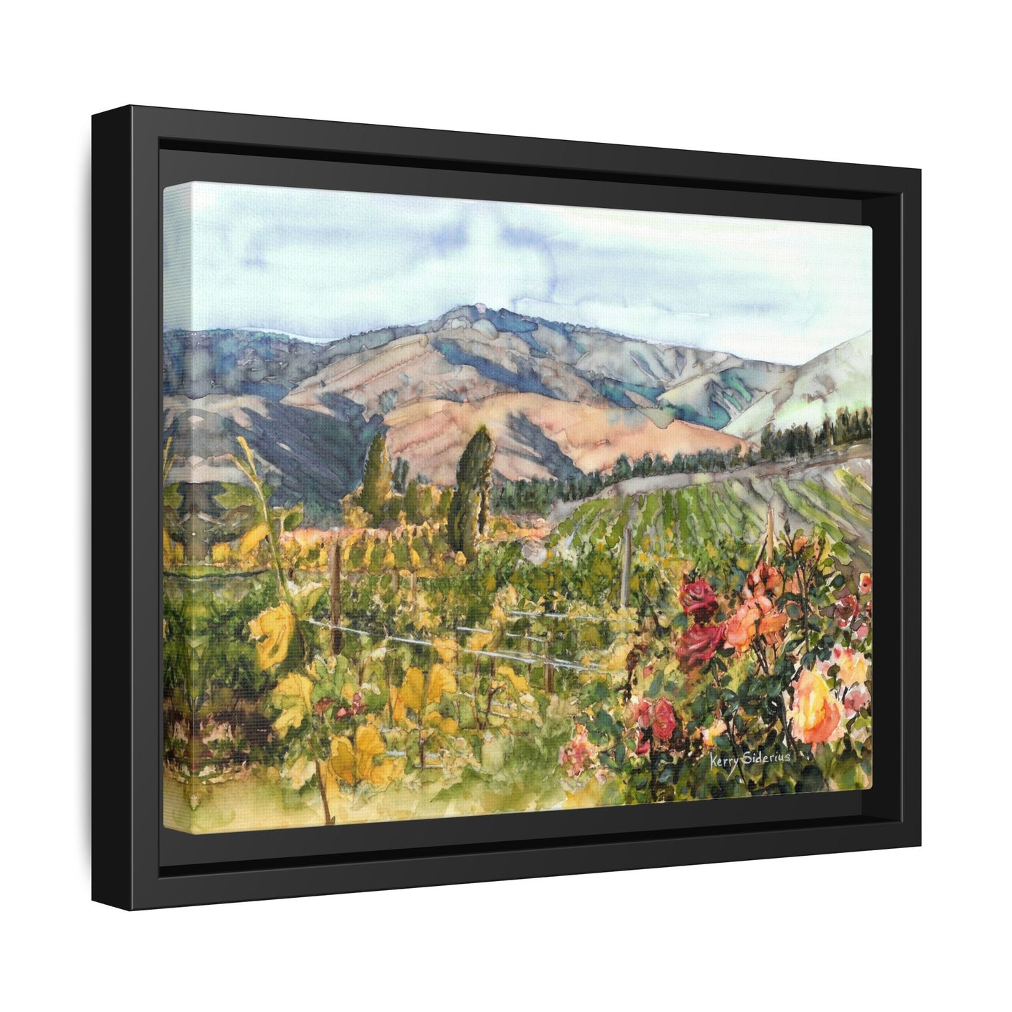 "Wenatchee Vineyard with Roses" Framed Matte Canvas Art Print - Vibrant Winery Landscape