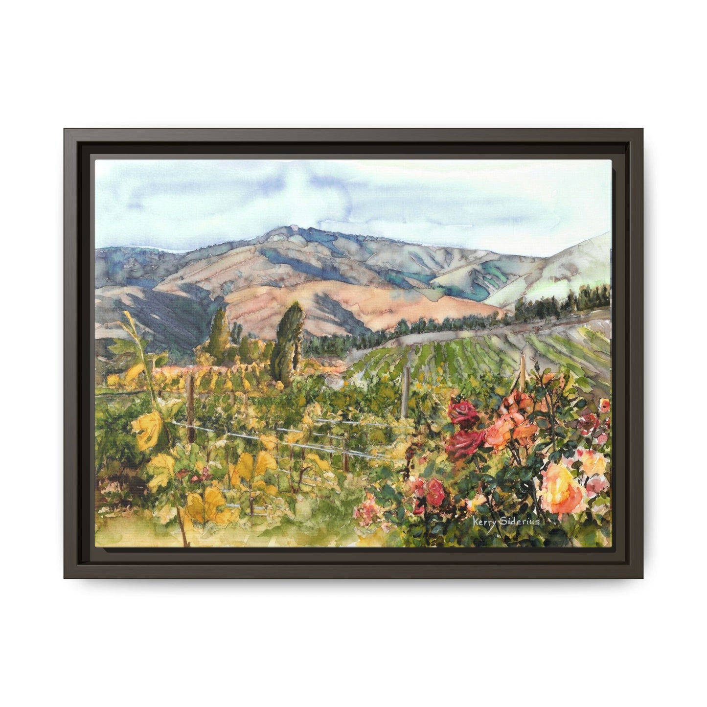 "Wenatchee Vineyard with Roses" Framed Matte Canvas Art Print - Vibrant Winery Landscape