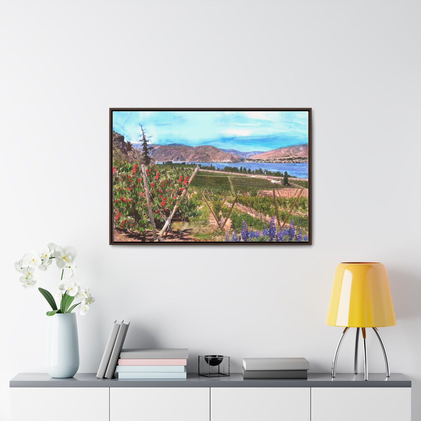 "Orondo Rubies with Entiat Bridge in Background" Poplar Wood Framed Gallery Wrapped Canvas