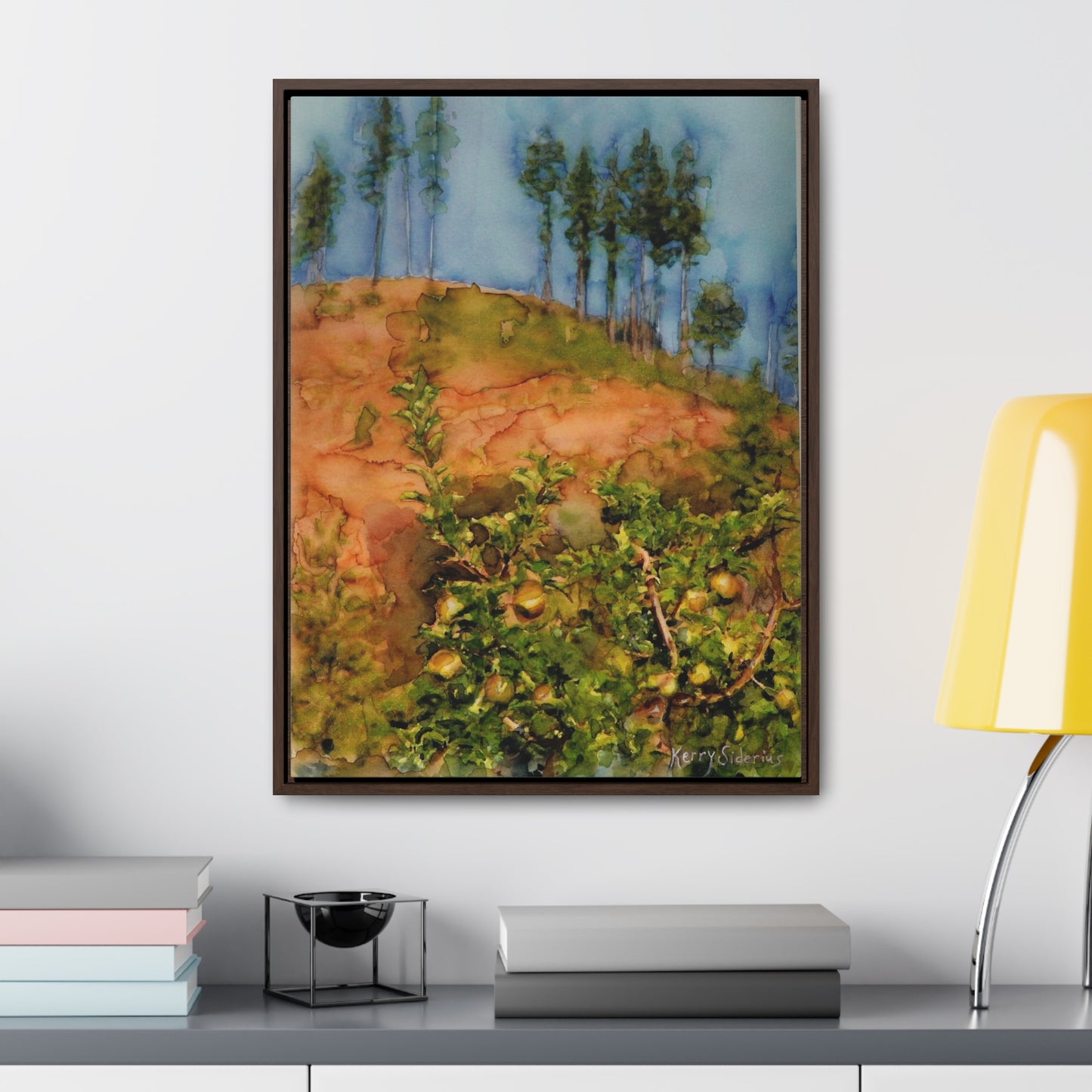 "Golden Delicious Apple Tree & Pines" Canvas Wrap, Vertical Wood Frame