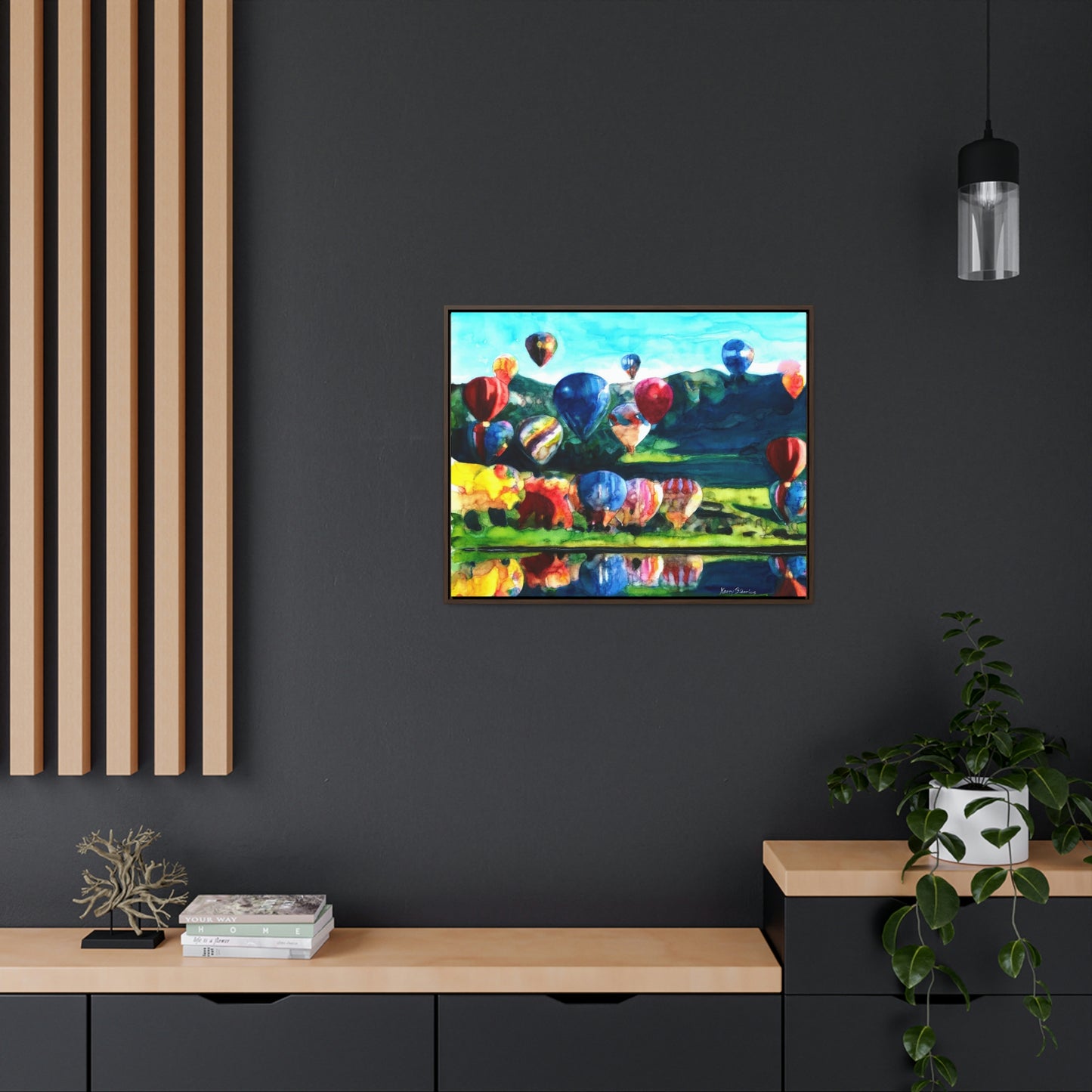 "Hot Air Balloon Reflection in Quincy" Framed Canvas - Kerry Siderius Art