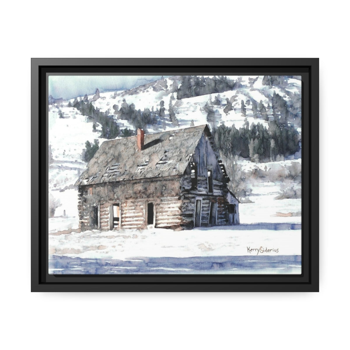 "Winter Cabin Up The Methow" Black Pinewood Framed Matte Canvas - Kerry Siderius Art
