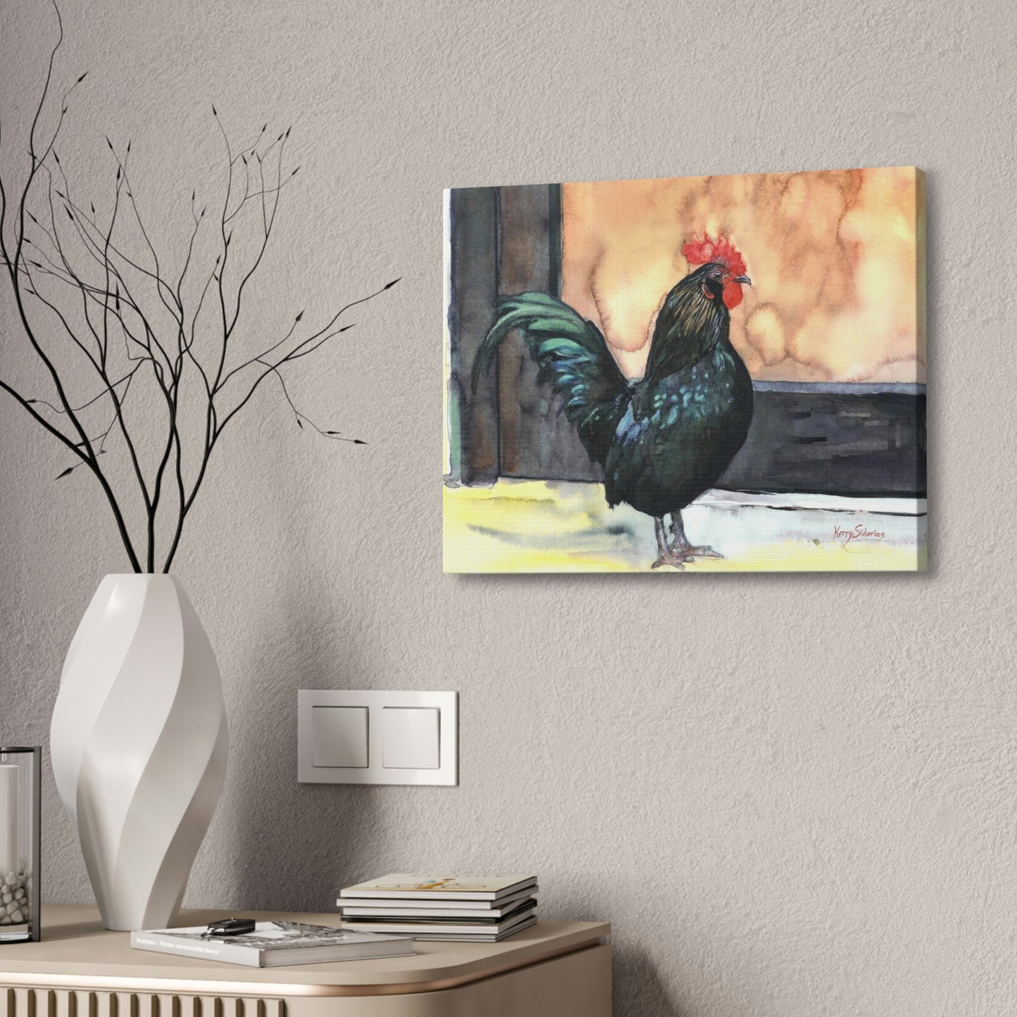 "There's a Rooster at My Door" Stretched Canvas - Kerry Siderius Art