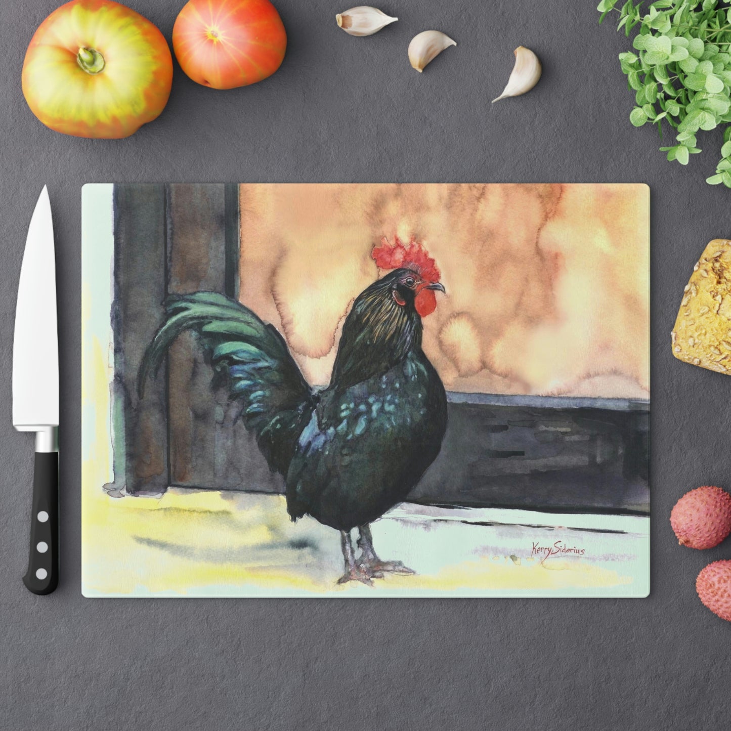 "There's a Rooster at My Door" Large Cutting Board - Kerry Siderius Art