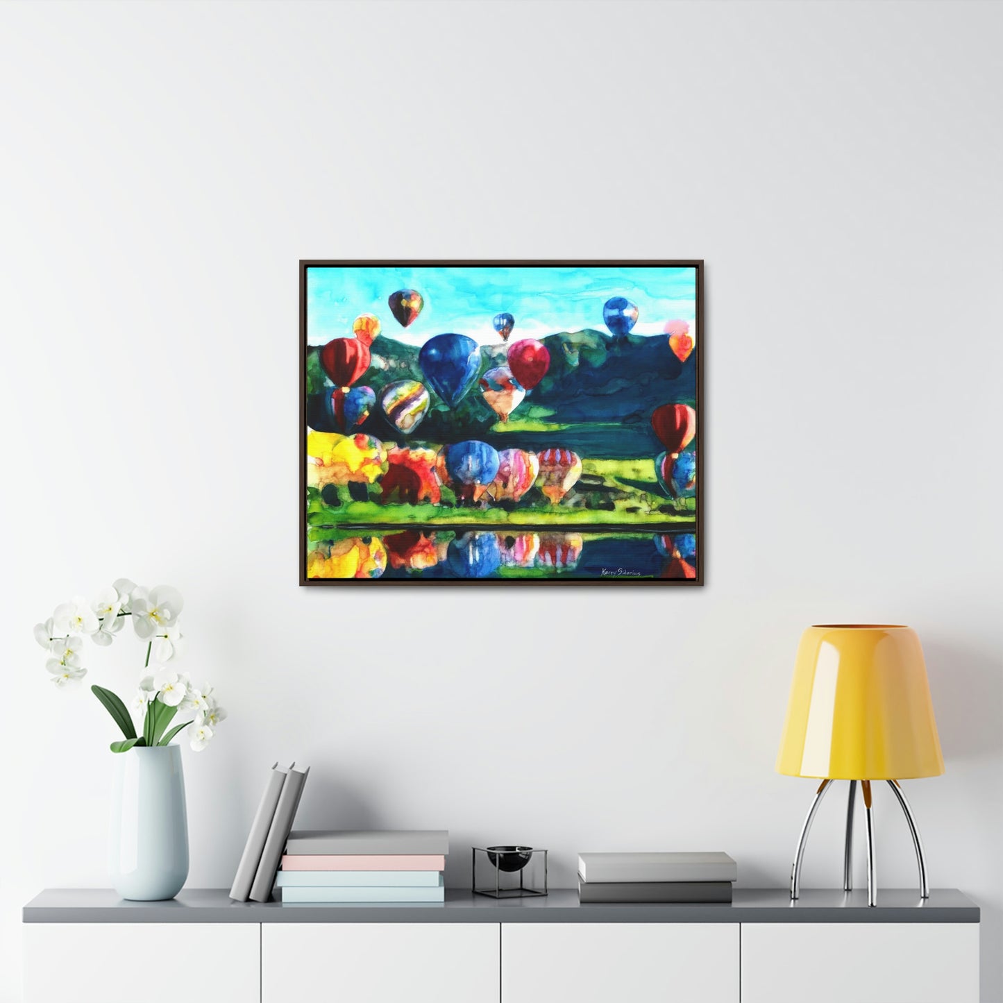 "Hot Air Balloon Reflection in Quincy" Framed Canvas - Kerry Siderius Art