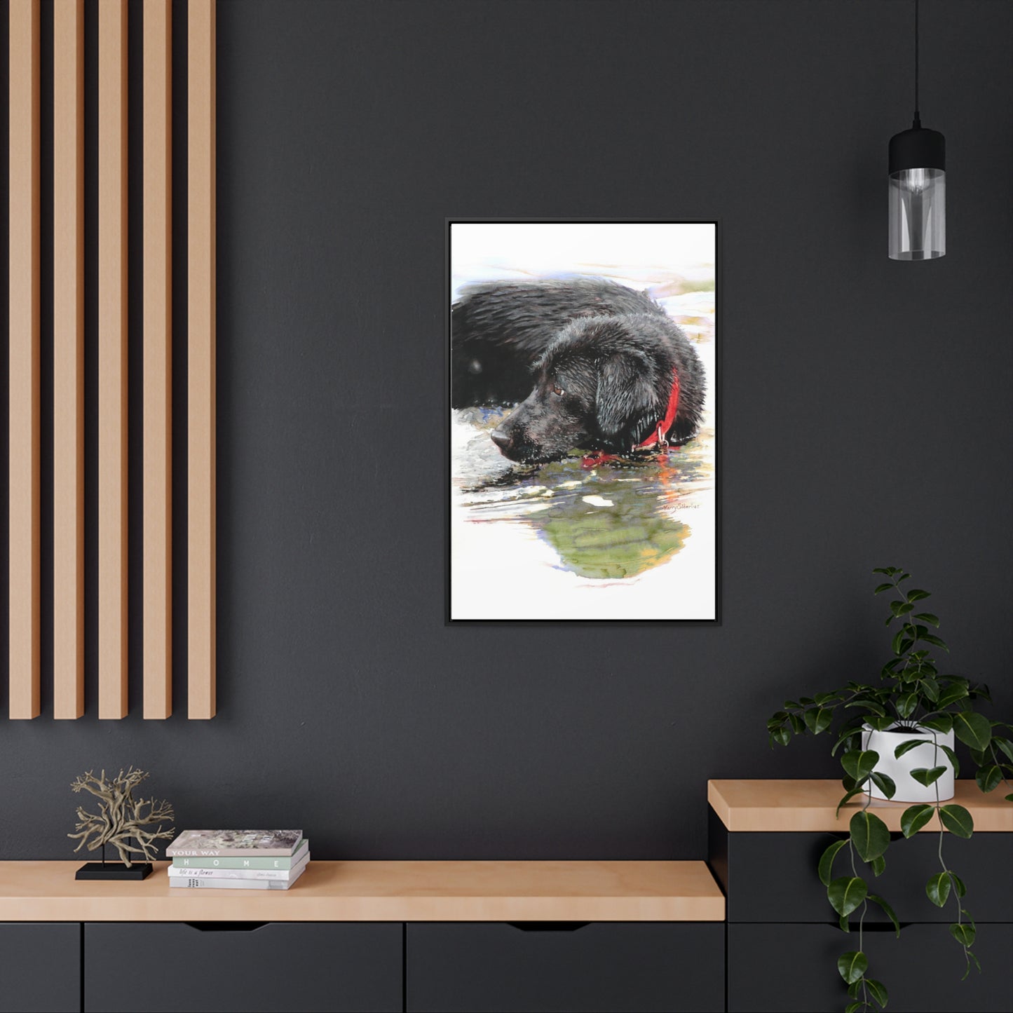"Fishing and Fetching Black Lab, Chelan" Framed Gallery Wrapped Canvas - Kerry Siderius Art