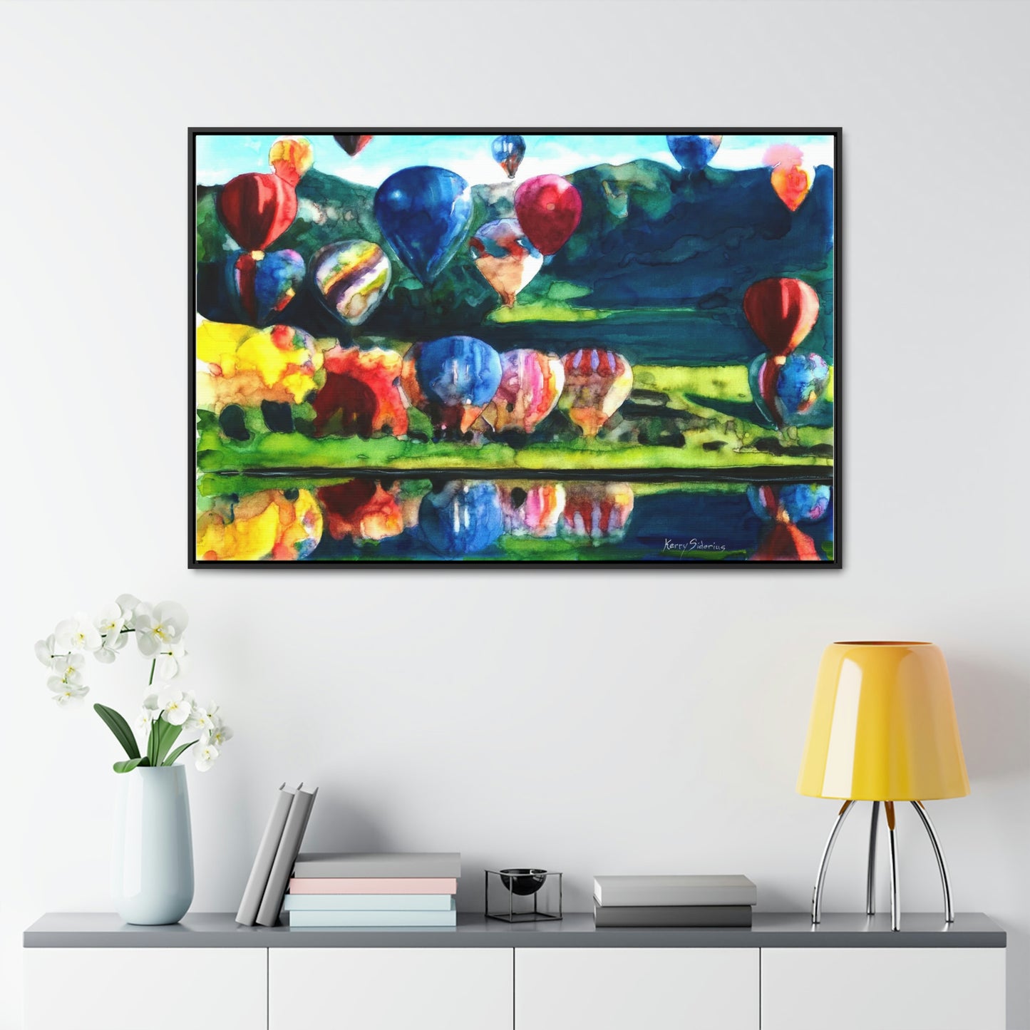 "Hot Air Balloon Reflection in Quincy" Framed Canvas - Kerry Siderius Art
