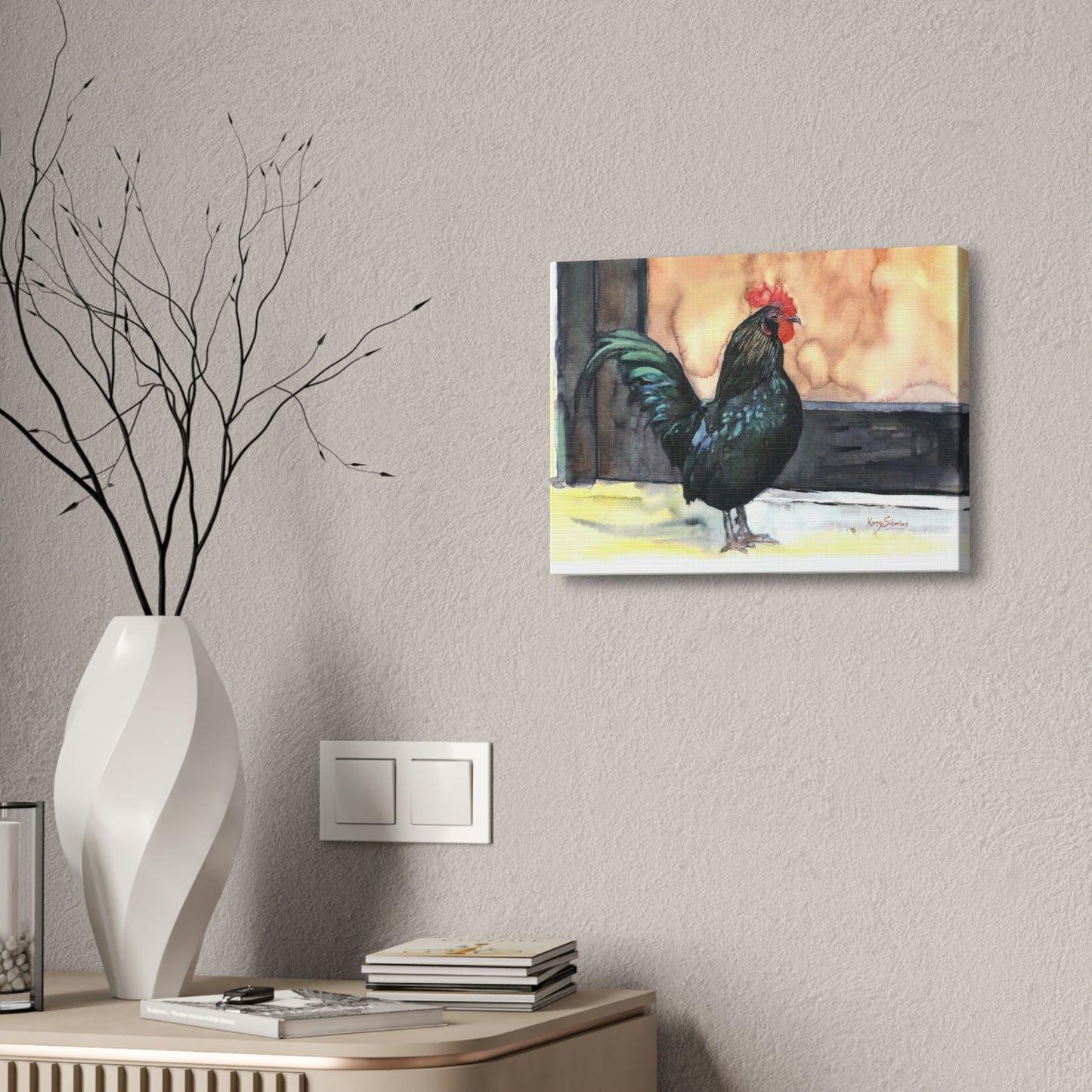 "There's a Rooster at My Door" Stretched Canvas - Kerry Siderius Art