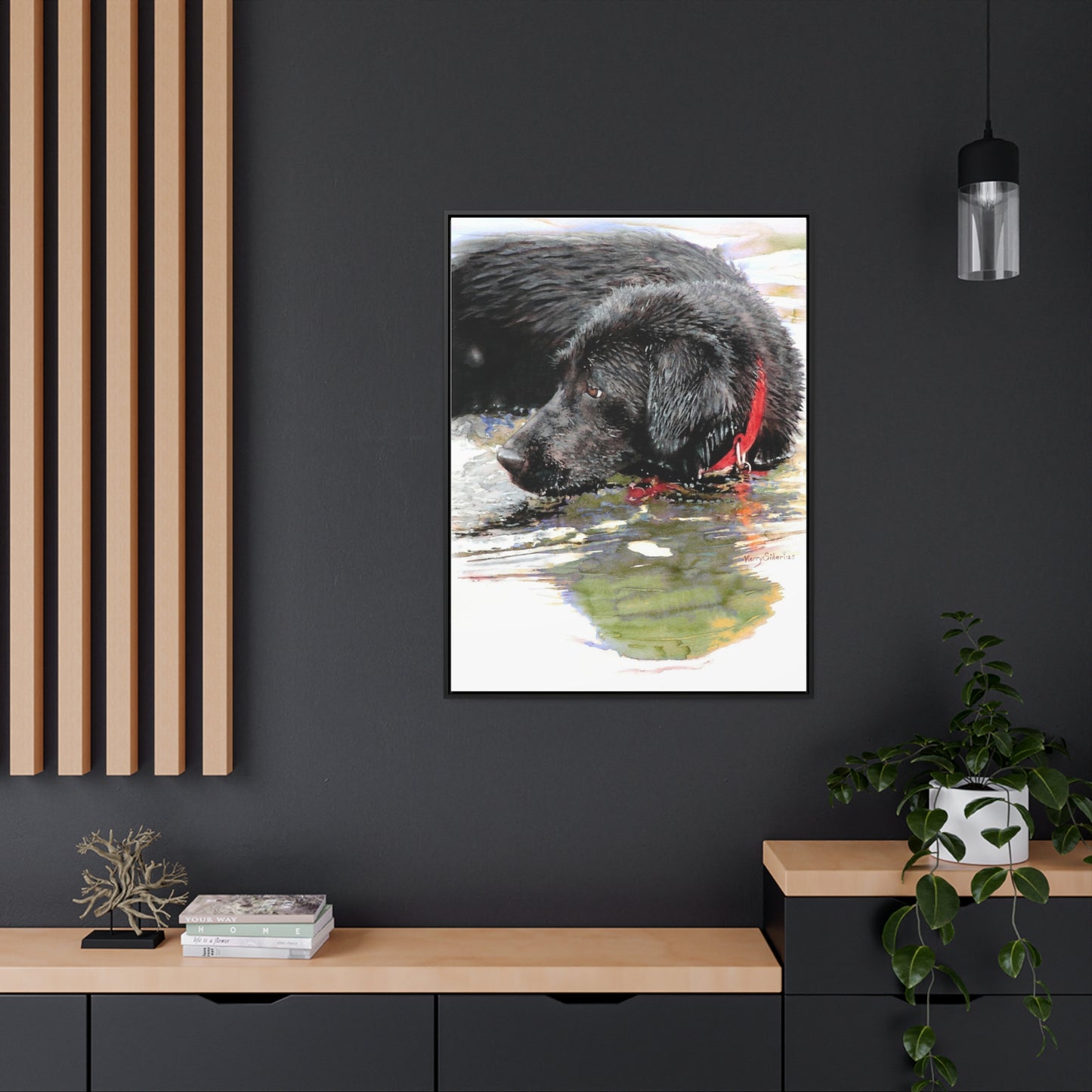 "Fishing and Fetching Black Lab, Chelan" Framed Gallery Wrapped Canvas - Kerry Siderius Art