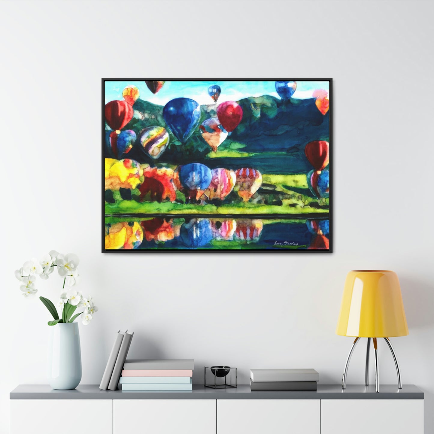 "Hot Air Balloon Reflection in Quincy" Framed Canvas - Kerry Siderius Art
