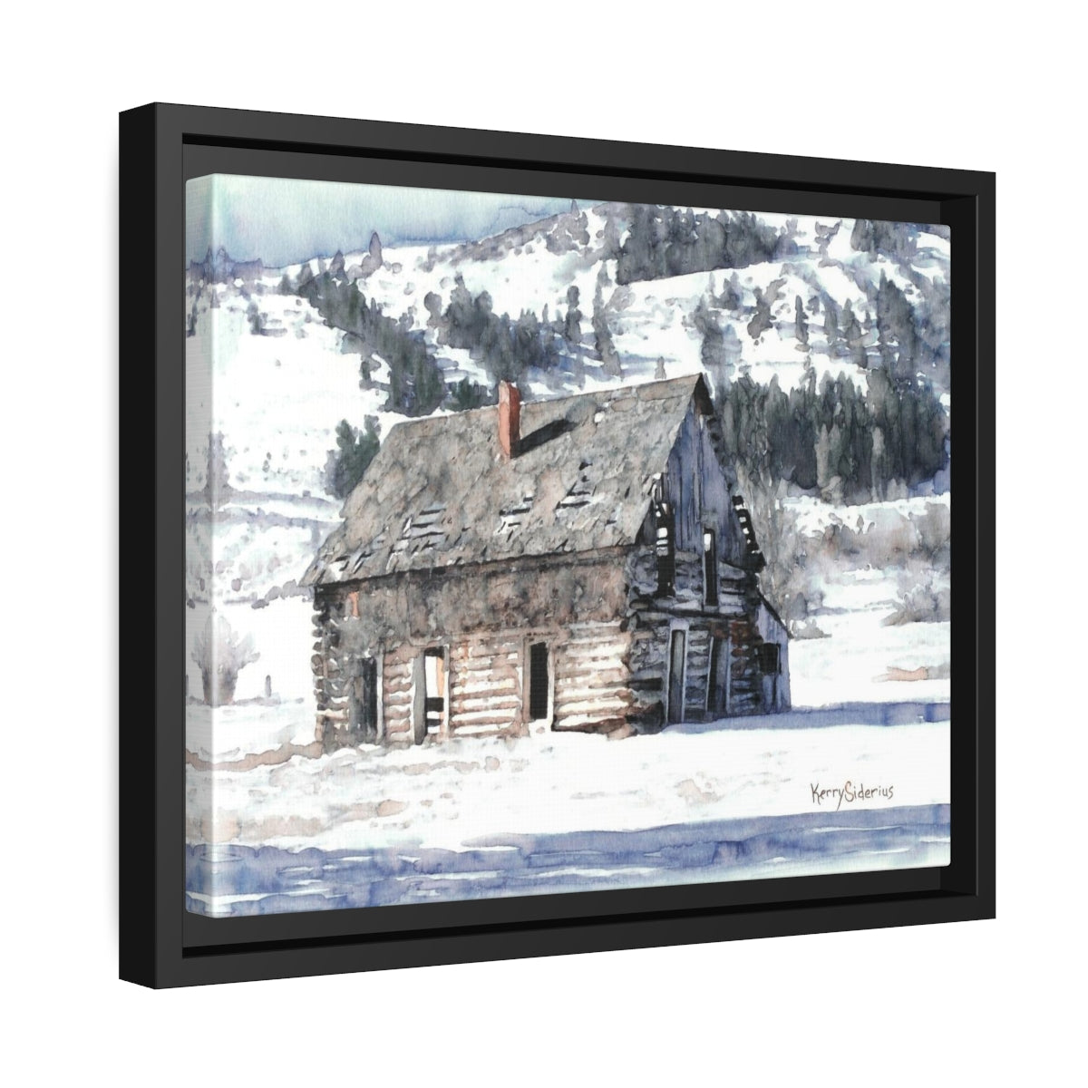 "Winter Cabin Up The Methow" Black Pinewood Framed Matte Canvas - Kerry Siderius Art