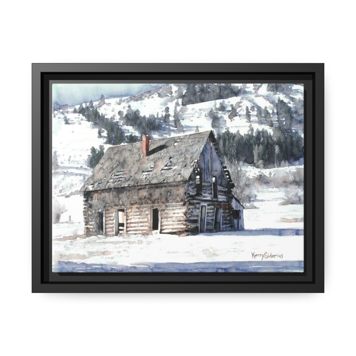 "Winter Cabin Up The Methow" Black Pinewood Framed Matte Canvas - Kerry Siderius Art