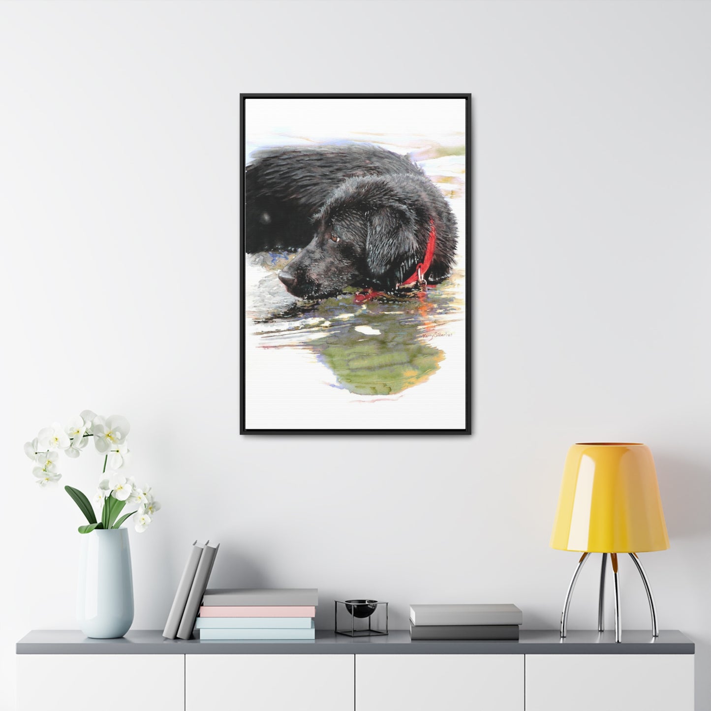 "Fishing and Fetching Black Lab, Chelan" Framed Gallery Wrapped Canvas - Kerry Siderius Art
