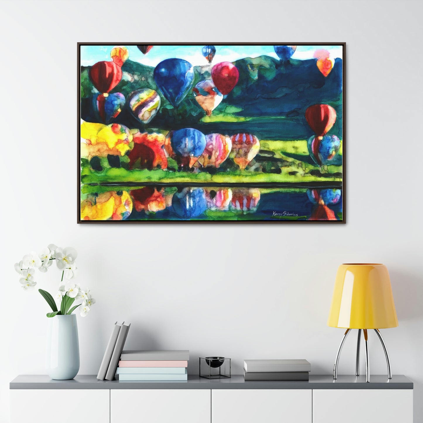 "Hot Air Balloon Reflection in Quincy" Framed Canvas - Kerry Siderius Art
