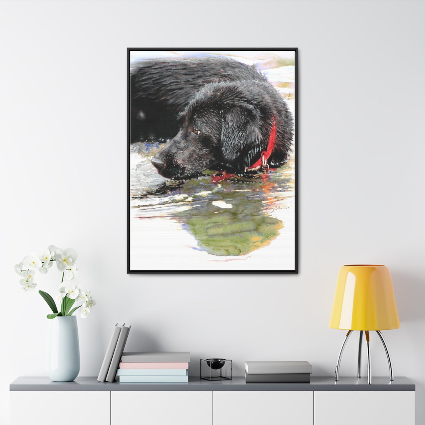 "Fishing and Fetching Black Lab, Chelan" Framed Gallery Wrapped Canvas - Kerry Siderius Art