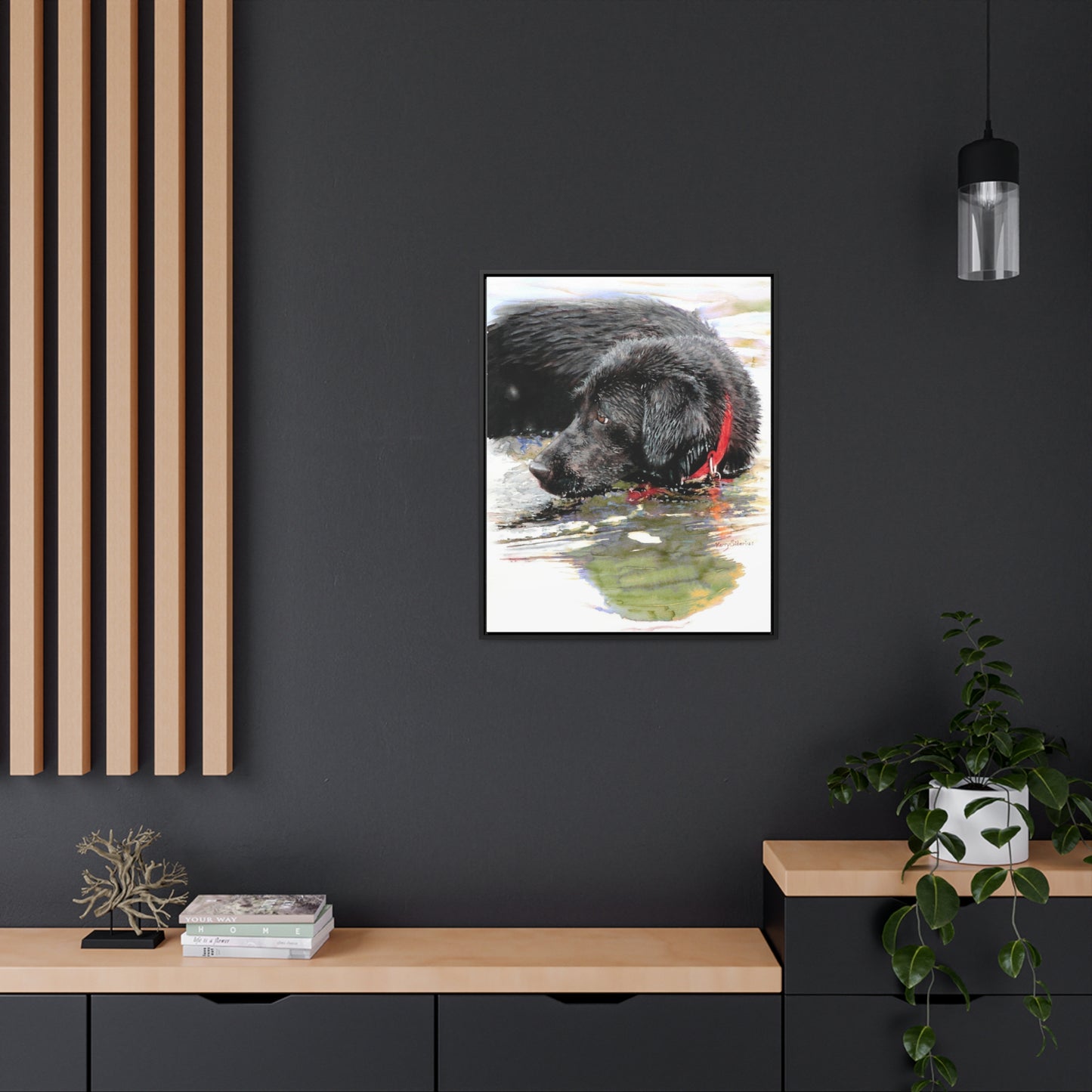 "Fishing and Fetching Black Lab, Chelan" Framed Gallery Wrapped Canvas - Kerry Siderius Art